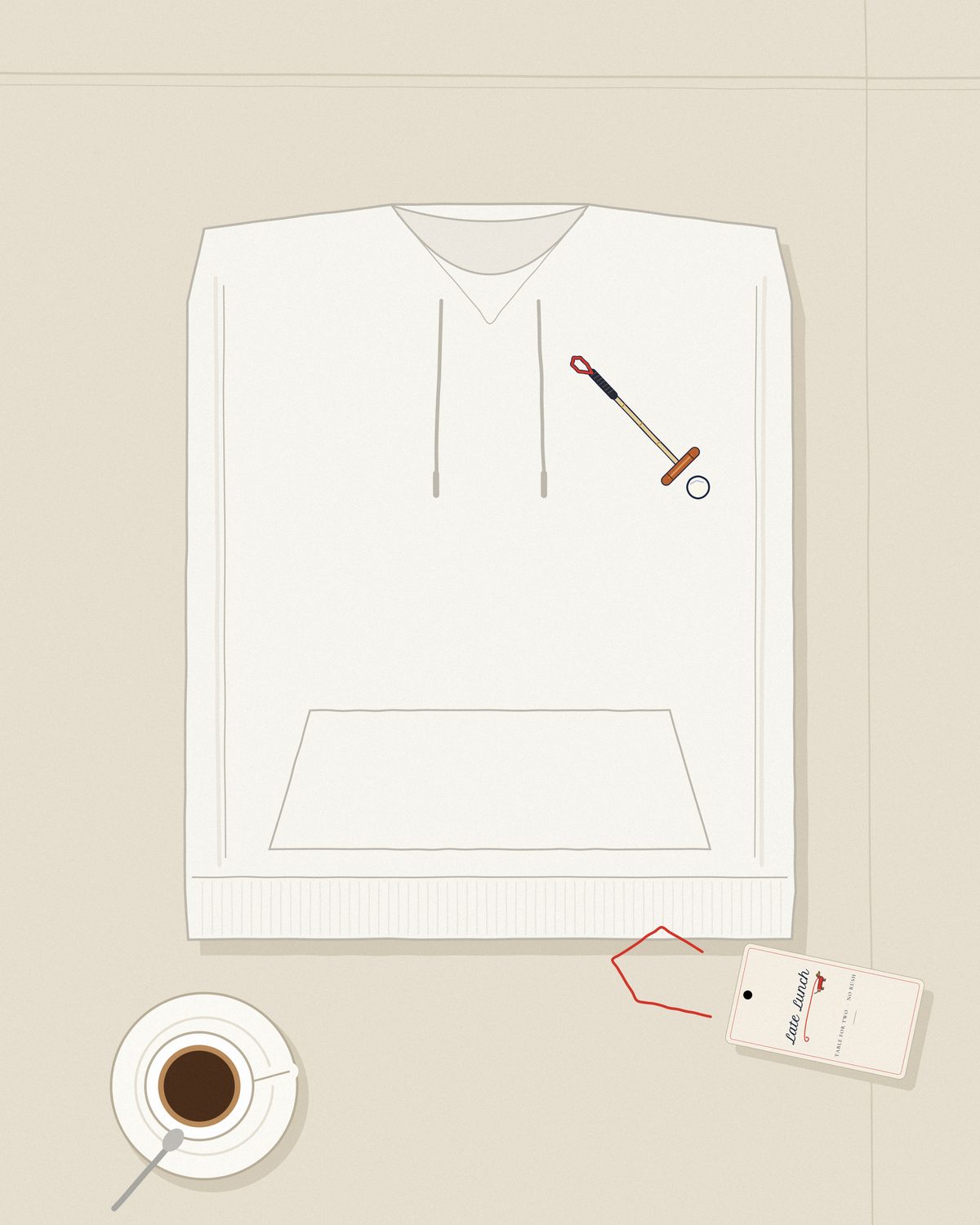 The white St. Moritz hoodie folded on linen beside an espresso and the Late Lunch bill.